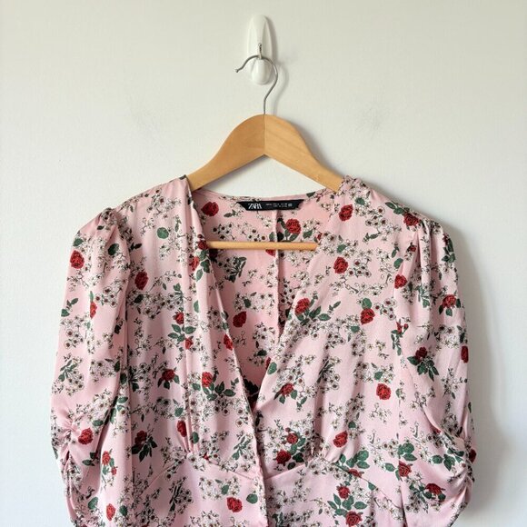 Zara Satin Effect Rose Floral Button Front Short Sleeve Dress Pink Size Medium - Picture 6 of 9